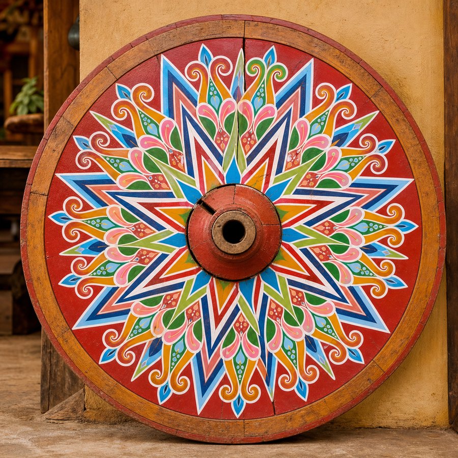 Close-up of a real painted Costa Rican oxcart wheel